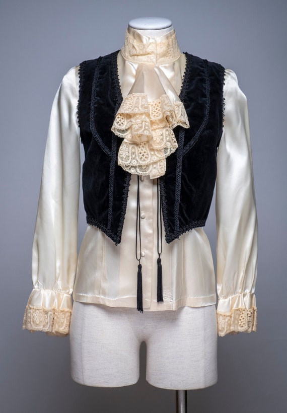 Vintage Ivory satin & lace blouse with black velve