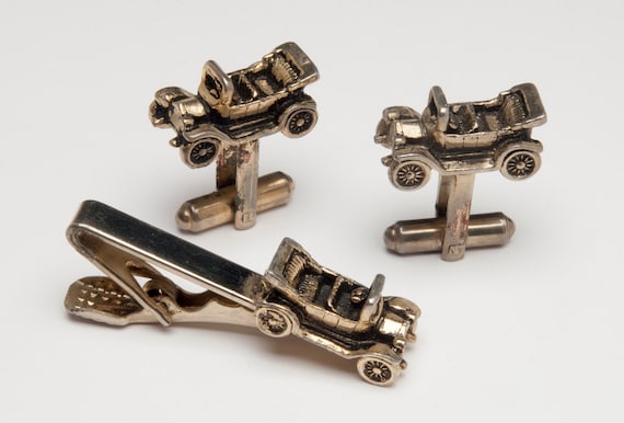 Vintage Antique Car Tie Bar and Cufflinks by Balf… - image 1