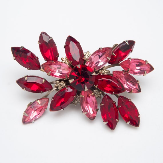 Vintage pin brooch Red & Pink rhinestone floral sp