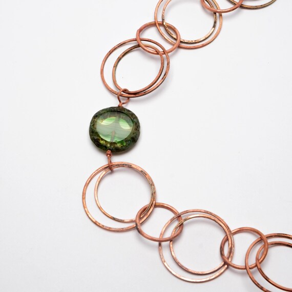 Necklace solid copper ring necklace with green gl… - image 2