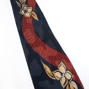 Vintage Men&#39;s tie a SUSKANA  Batik Print red linear line with gold floral accent against navy blue background  50&#39;s Necktie #2