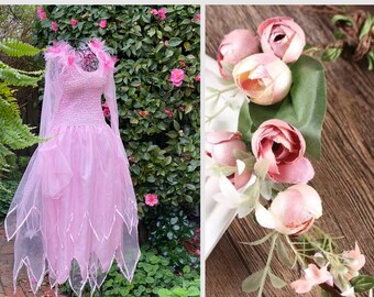 Adult Pink Fairy Halloween Dress &  Bohemian Flower Crown Renaissance Faire ~Theatre   Masquerade Costume ~Flower Crown Floral Headpiece