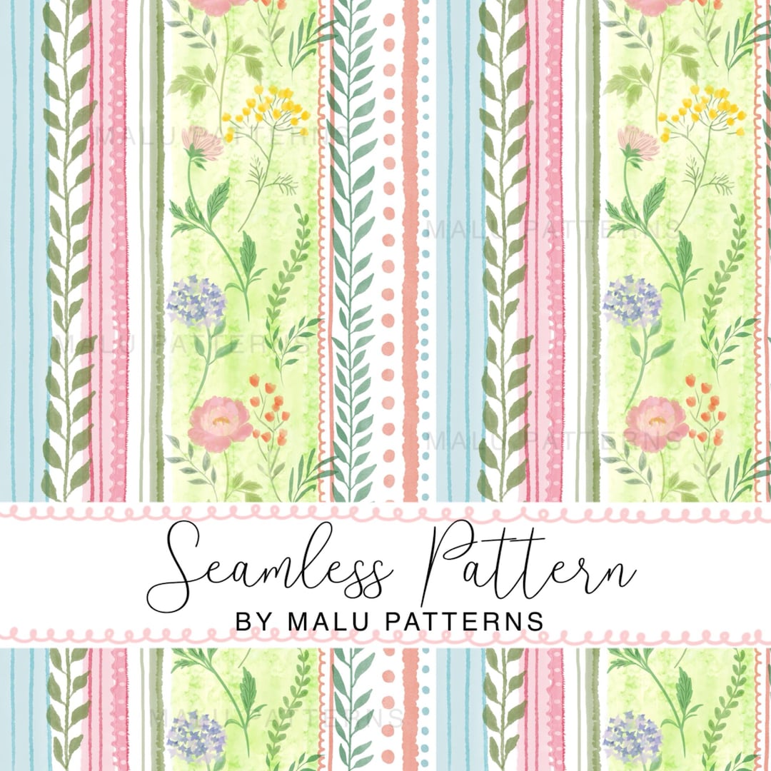 Pastel Floral Stripes Watercolor Design, Spring Garden Botanical ...