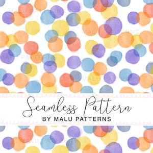 Op de afbeelding: Een naadloos patroon met overlappende aquarel cirkels in geel, oranje, paars en blauw op een witte achtergrond. De tekst "Seamless Pattern" en "BY MALU PATTERNS" worden weergegeven in een scriptlettertype.