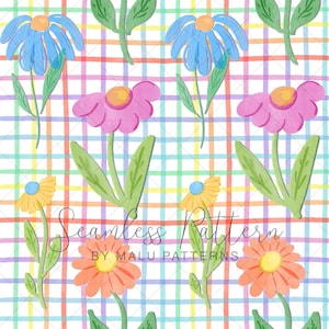 Rainbow Gingham Floral Seamless Pattern, Pastel Watercolor Plaid Backdrop, Grandmillennial Flower Fabric Design Digital