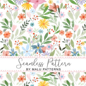 May include: A seamless floral pattern in watercolour style, with pink, orange, yellow, and blue flowers, green leaves, and red berries on a white backdrop. The text "Seamless Pattern" and "BY MALU PATTERNS" are displayed in a decorative font.