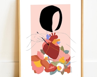 Ilustración de Kintsugi impresa en papel Fine Art realzada con oro, resiliencia, corazón reparado y flores.