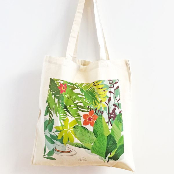 Coton bio tote bag illustré La Sieste, sac plantes, motif tropical