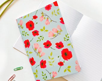 Poppies floral pattern Notebook A5, wild flowers, recycled paper, 48 pages