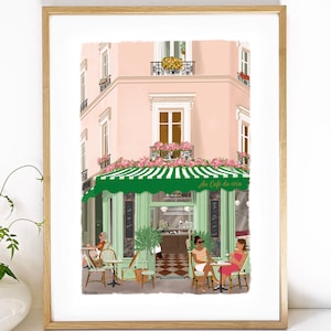Illustration print At the cafe, Parisian coffee shop, vintage cafe, Paris facade,