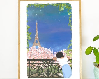 Illustrazione Una notte a Parigi, Torre Eiffel, fiori di ciliegio, souvenir di Parigi, A4 A5