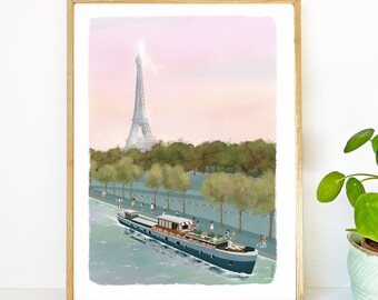 Illustration Sur La Seine, affiche Paris, souvenir Tour Eiffel, A4 A5