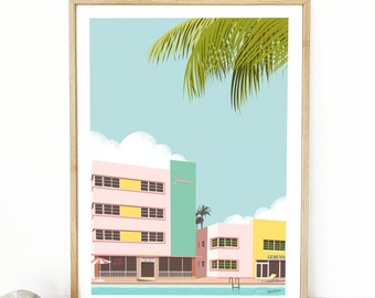 Parisian Hotel Miami Illustration print - South Beach Art Deco - vintage pastel architecture