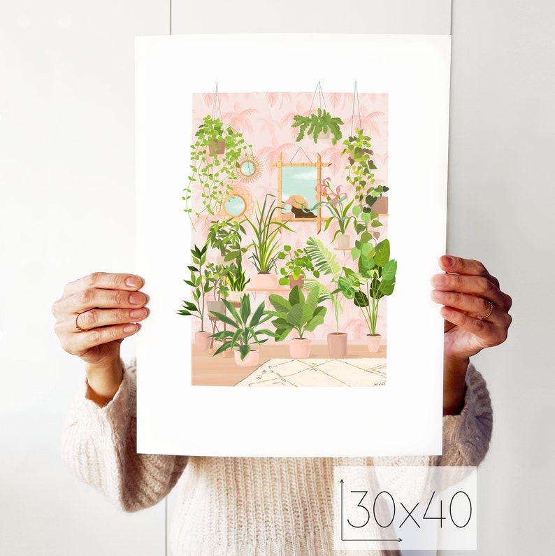 Print In The Mirror, house plant print, botanical illustration, plant lady 40 x 30 cm