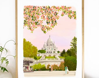 Illustration Sacré-Coeur, affiche fleurie, souvenir Paris, A4 A5