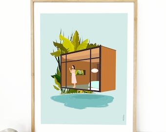 Illustration The Box, poetic print, cabin lake house, cosy home, 50s home