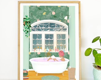 Me Time illustration, Cosy home print, Bath time poster, vintage bathroom