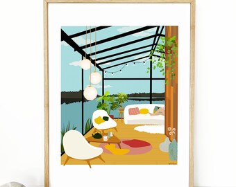 Ilustración Lake House, casa de los años 50, casa capullo, casa con vista, lago, 2 formatos disponibles