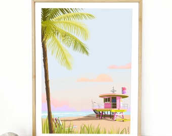 Miami Beach print, ocean rescue lifeguard tower print, Florida beach art, vintage Miami