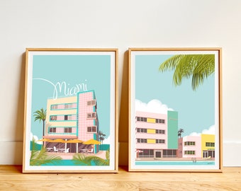 Set of 2 prints South Beach Hotels Miami, city print, Florida vintage, A4, A3