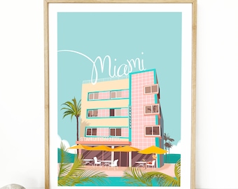 Illustration print Starlite Hotel Miami - South Beach - Art Deco pastel color hotel - vintage inspiration