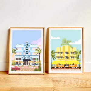 Set of 2 prints Art Deco Hotels Miami, city print, Florida vintage, A4, A3