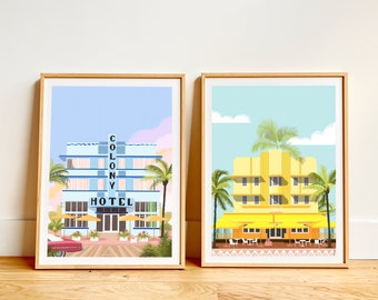 Set of 2 prints Art Deco Hotels Miami, city print, Florida vintage, A4, A3