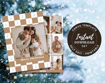 Canva Christmas Card Template 5x7 | Camel Checked Photo  Collage Christmas Card | Canva | Modern Christmas Card Template | Christmas Collage