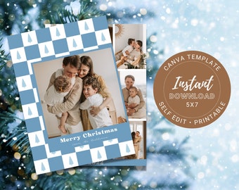 Canva Christmas Card Template 5x7 | Blue Checked Photo  Collage Christmas Card | Canva | Modern Christmas Card Template | Christmas Collage