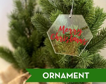 Frohe Weihnachten Acryl Hexagon Ornament 3in | Wählen Sie Ihre Farbe