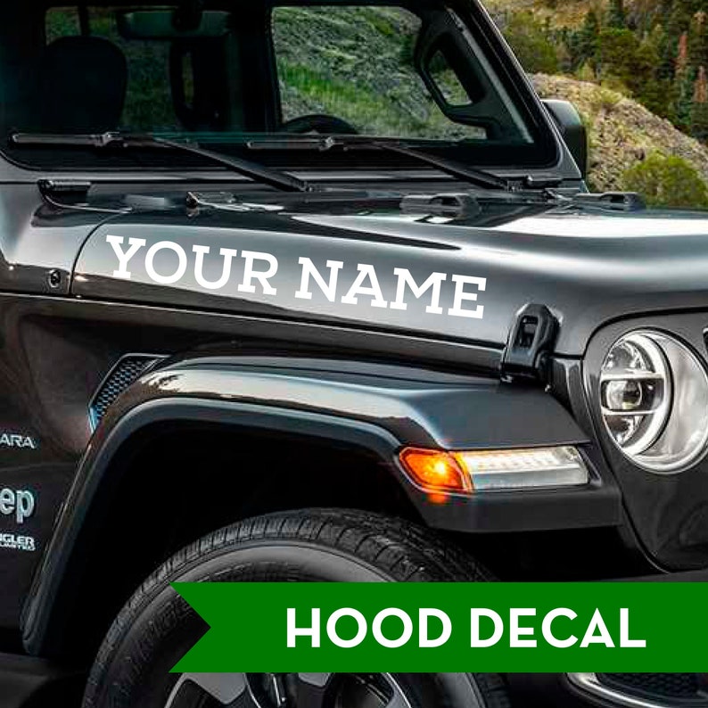 Jeep Wrangler Hood Decal, Set of 2, Choose Color and Text, Fully Customized image 1