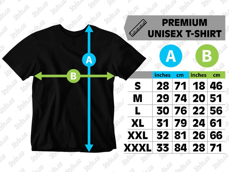 May include: Black unisex t-shirt with size chart showing measurements in inches and centimeters. Sizes range from S to XXXL.