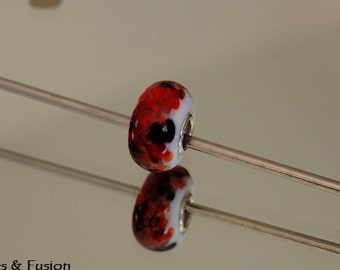 Perle en verre filé au chalumeau gros trou argent *art*rouge/noir, perle verre murano gros trou, perle verre création bracelet style pandora