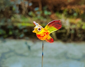 Murano glass bird bead - yellow spun glass bird, murano red bird bead, murano glass bird to plant, glass plant decoration