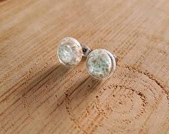 Sequins - Golden white glass stud earrings, minimalist murano glass earrings, flat golden white glass studs for parties