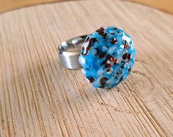 Oursin - Perle ou Bague en verre filée au chalumeau interchangeable à vis bleu/chocolat - bague verre murano unique - bague turquoise marron