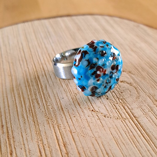 Oursin - Perle ou Bague en verre filée au chalumeau interchangeable à vis bleu/chocolat - bague verre murano unique - bague turquoise marron