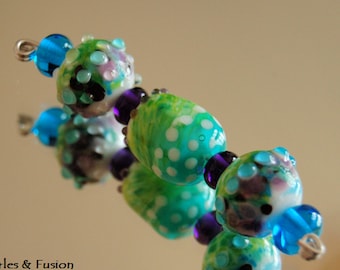 Set of *natural* green purple turquoise glass beads, murano glass beads jewelry creation, green water green polka dot glass beads, multicolor