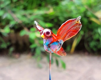 Bird- Glass bird on orange stem, bird murano glass decoration, bird orange glass to plant, bird glass decoration plant