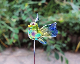 Blue green bird - Glass bird on green stem, murano glass bird to decorate, bird glass decoration on stem, blue glass bird
