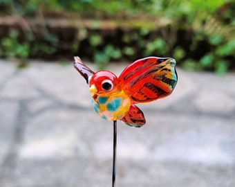 Torch-spun glass bird, orange murano glass bird, plant glass bird, glass bird decoration plants flowers