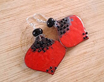 Petal - Red and black glass enamel earrings, light black red murano glass earrings, artisan glass earrings