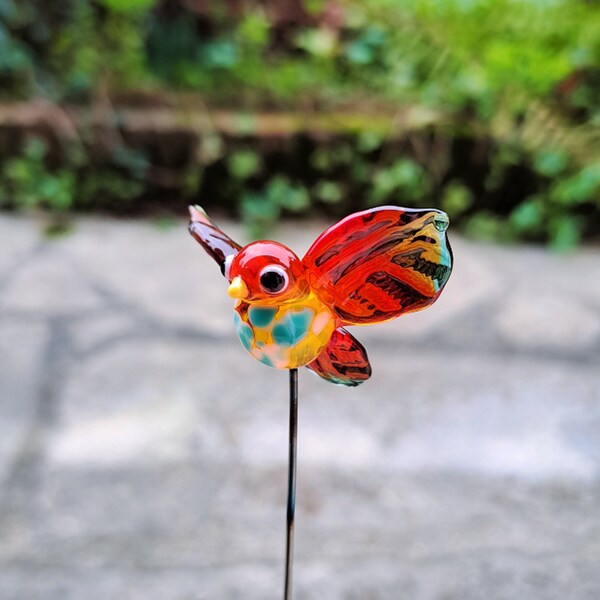 Oiseau en verre filé au chalumeau, oiseau verre murano orange, oiseau verre à planter, oiseau verre décoration plantes fleurs