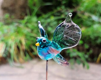 Glass Bird - Glass bird on purple stem, water green murano glass bird, bird glass decoration to plant, blue glass bird
