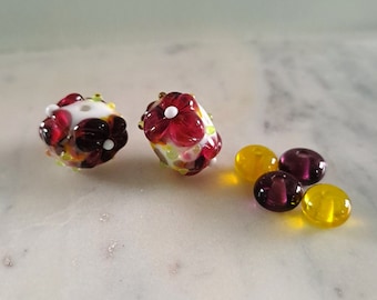 Flowers - Glass beads for creating earrings, murano glass beads, yellow pink flowers, artisan spun glass beads, flowers