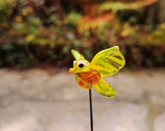 Murano glass bird, glass bird to plant, murano glass garden decoration, glass bead bird on stem, murano yellow glass bird