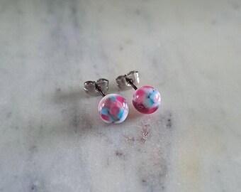 Garden - Pink blue glass stud earrings, minimalist murano glass earrings, light blue pink murano glass studs