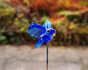 Blue glass bird, murano glass bird on stem, glass plant decoration bird, glass bead blue bird garden vase, glass decoration