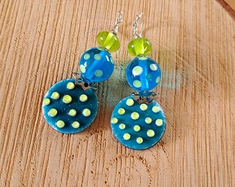 Peas - Blue-green polka dot glass and enamel earrings, turquoise murano glass earrings, enameled glass beads on copper