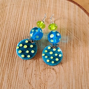 Peas Blue-green polka dot glass and enamel earrings, turquoise murano glass earrings, enameled glass beads on copper image 1